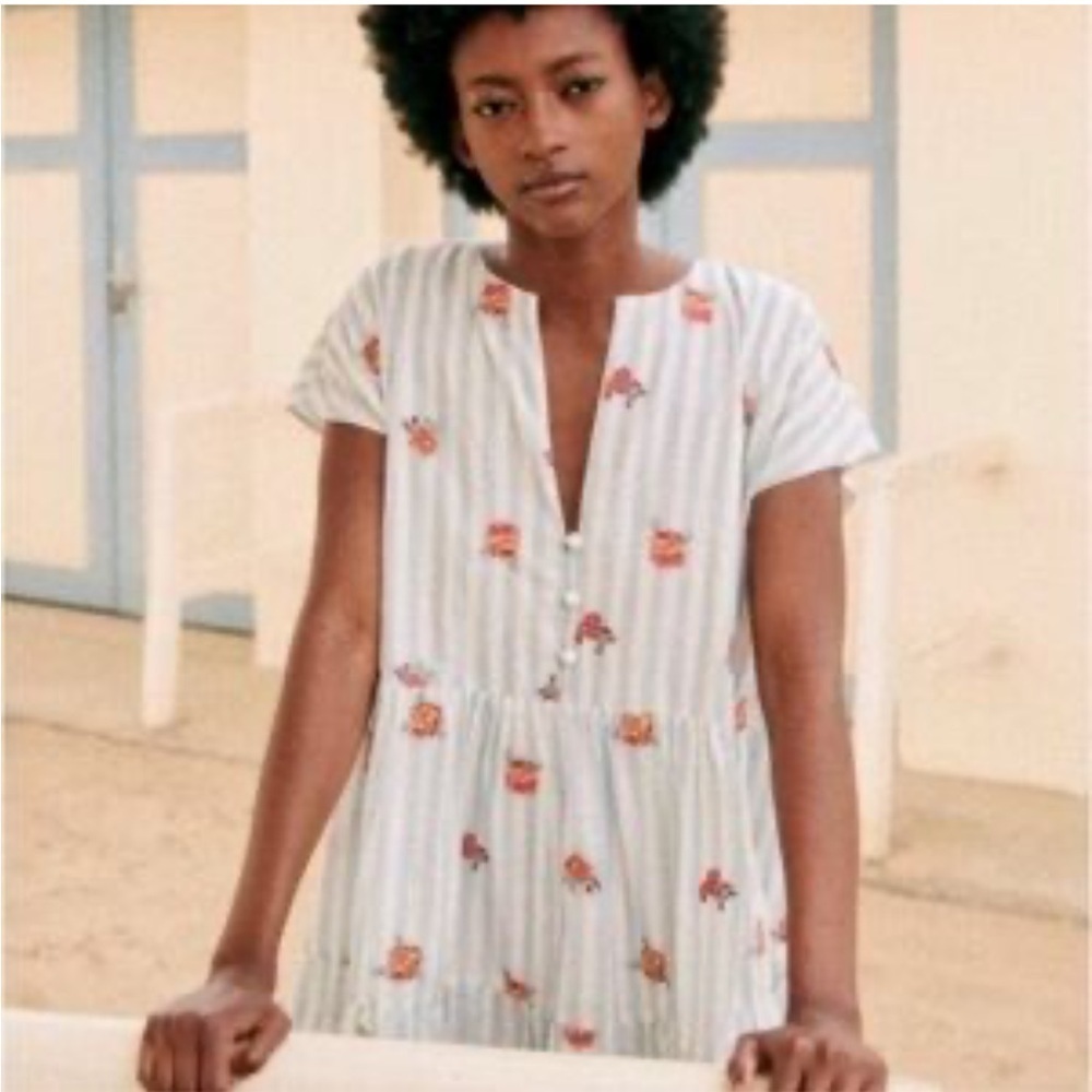 Sezane Saphir Dress Blue White Stripes Embroidered  Flowers Cotton Size 38 US 6